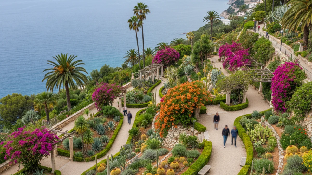 Vista panoràmica d'un jardí botànic mediterrani amb palmeres i vistes al mar, sense persones identificables.