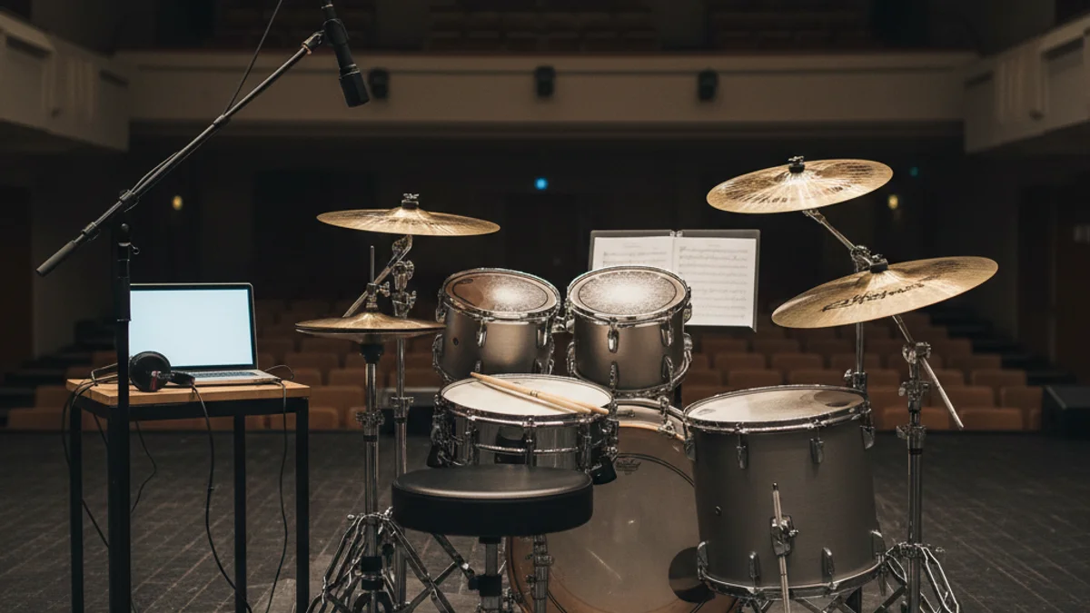 Imatge genèrica d'un escenari de jazz amb una bateria i un micròfon, amb llums suaus.