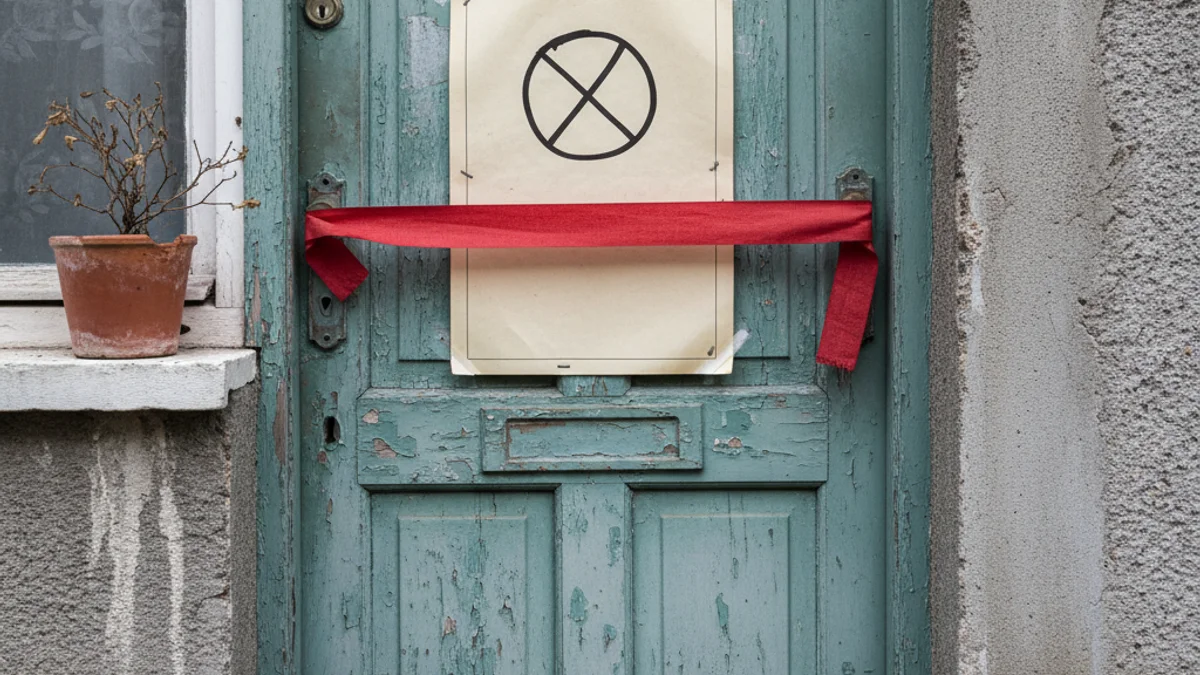 Imatge genèrica d'una porta tancada o un cartell d'avís en un edifici residencial de propietat municipal.
