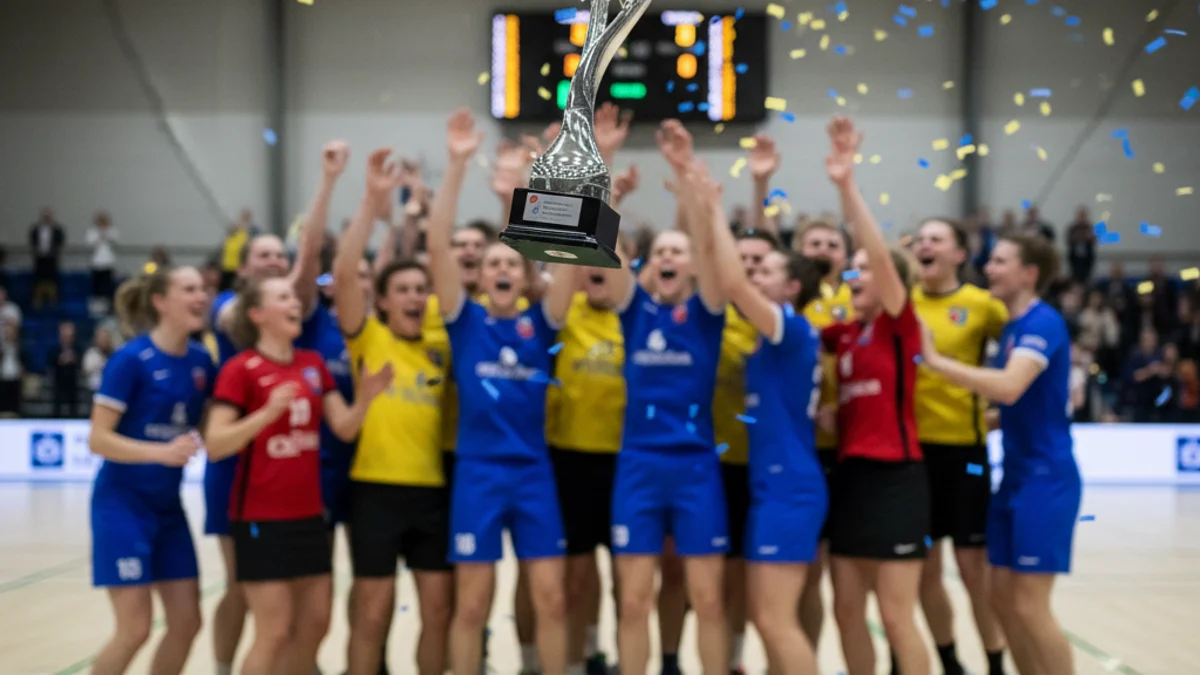 Imatge genèrica d'un equip de corfbol celebrant amb un trofeu en una pista esportiva.