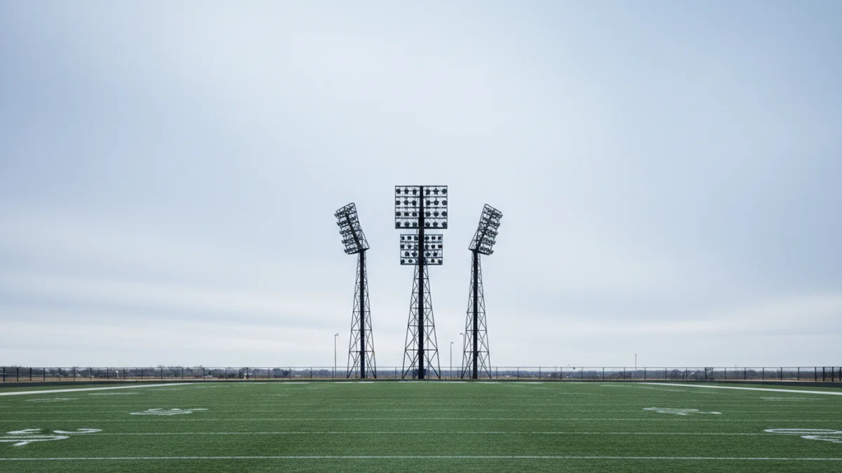 Vista genérica de un campo de fútbol con césped natural o artificial, con focos de iluminación al fondo.