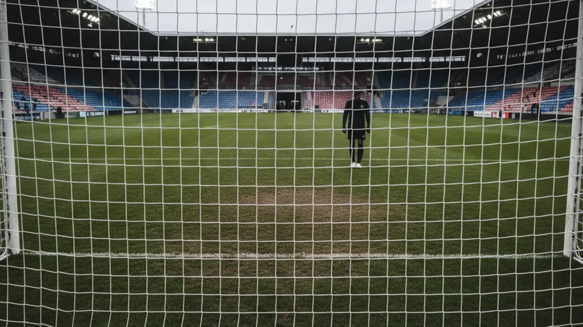 Imatge genèrica d'un camp de futbol després d'un partit, amb un jugador allunyant-se de la porteria.
