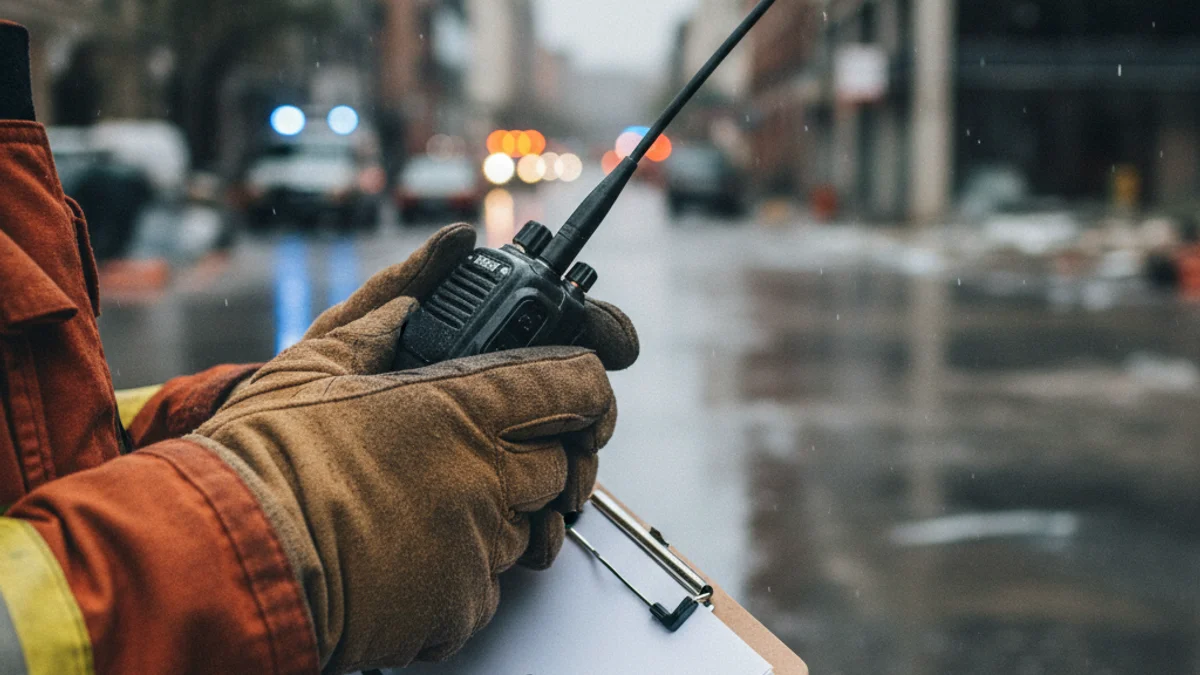 Imatge genèrica d'un bomber revisant dades o comunicant-se en un lloc d'intervenció, amb fons borrós.