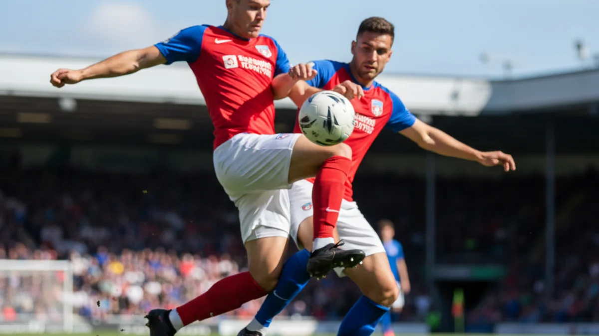 Una imagen genérica de un partido de fútbol de liga regional con jugadores en acción en un campo verde.