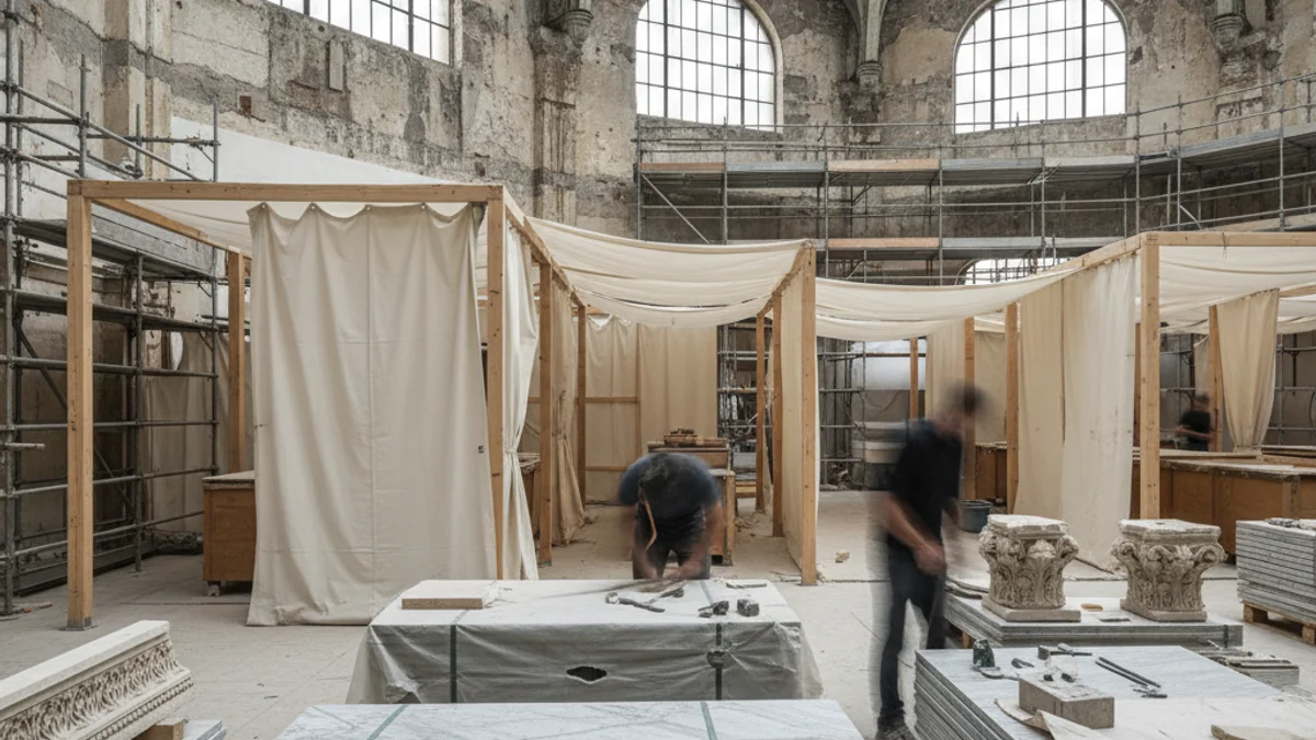 Vista interior d'un antic mercat de pedra amb elements arquitectònics recuperats i llum natural.