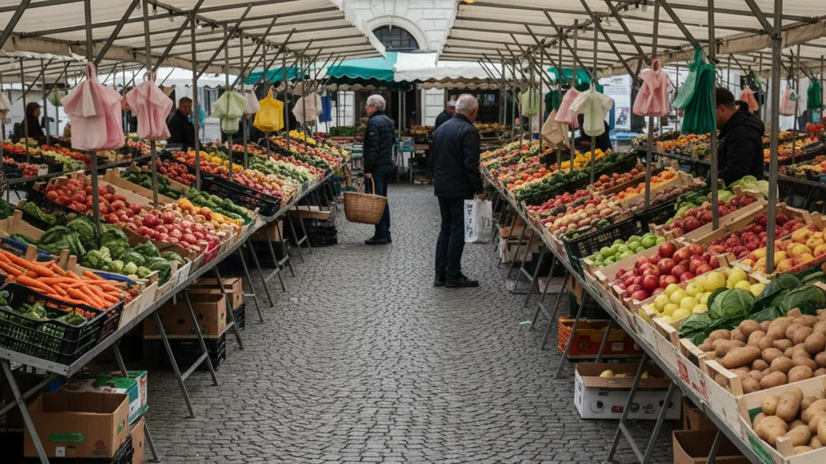 Vista general d'un mercat setmanal amb parades de fruita i verdura en una plaça urbana.