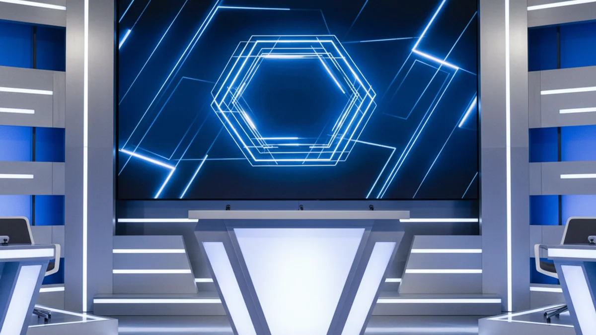 Imatge genèrica d'un concurs de preguntes i respostes amb llums d'estudi i un podi buit.