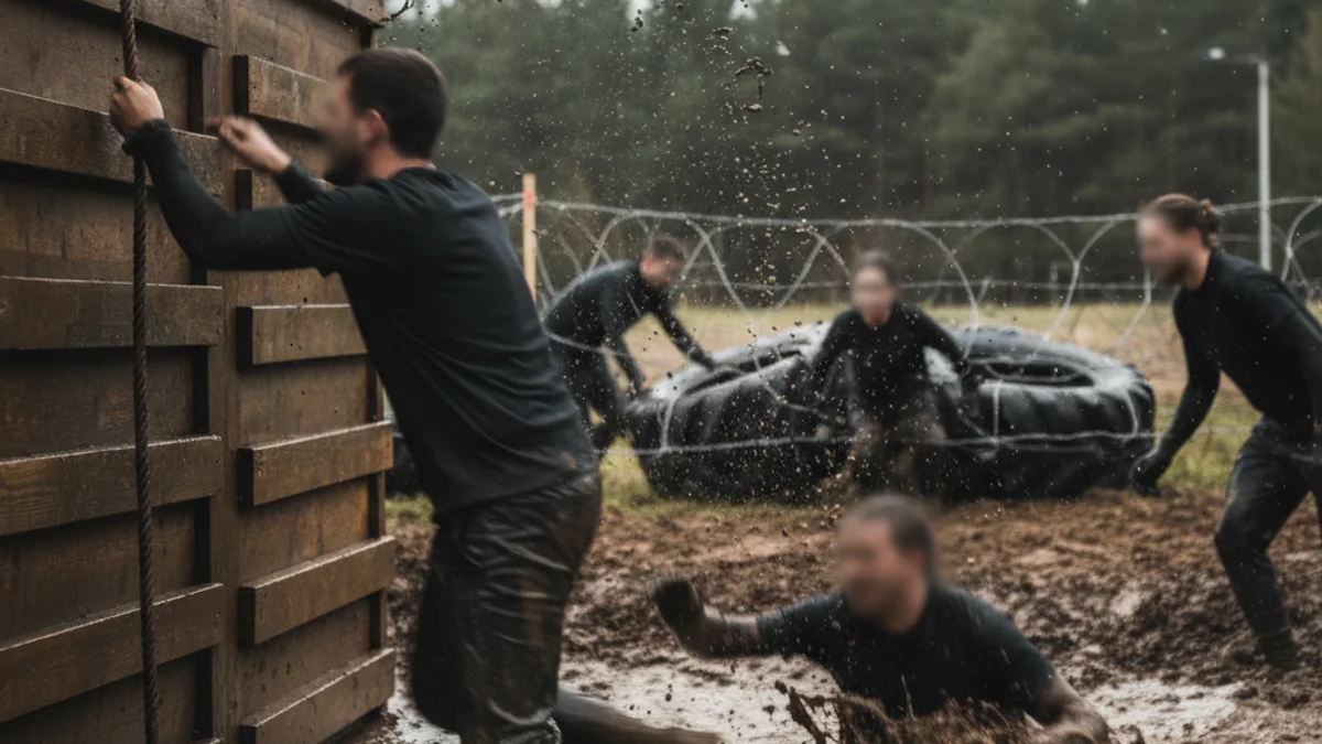 Imatge genèrica d'una cursa d'obstacles amb participants saltant o escalant un mur de fusta.