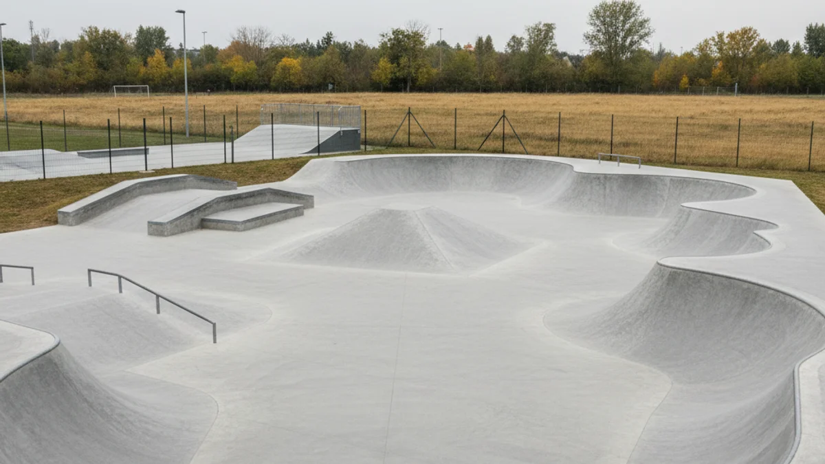 Vista d'una pista de formigó lliscat amb rampes i obstacles, dissenyada per a la pràctica d'esports urbans com el monopatí.