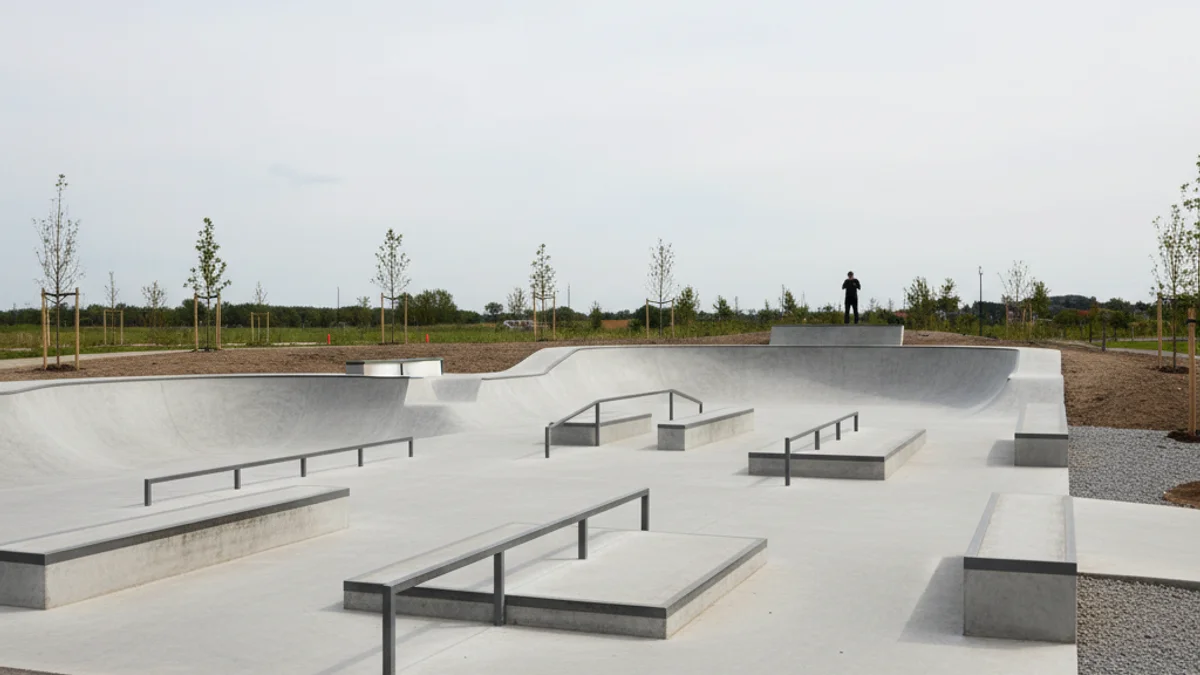 Imatge genèrica d'un skatepark de formigó amb rampes i obstacles, sense patinadors visibles.