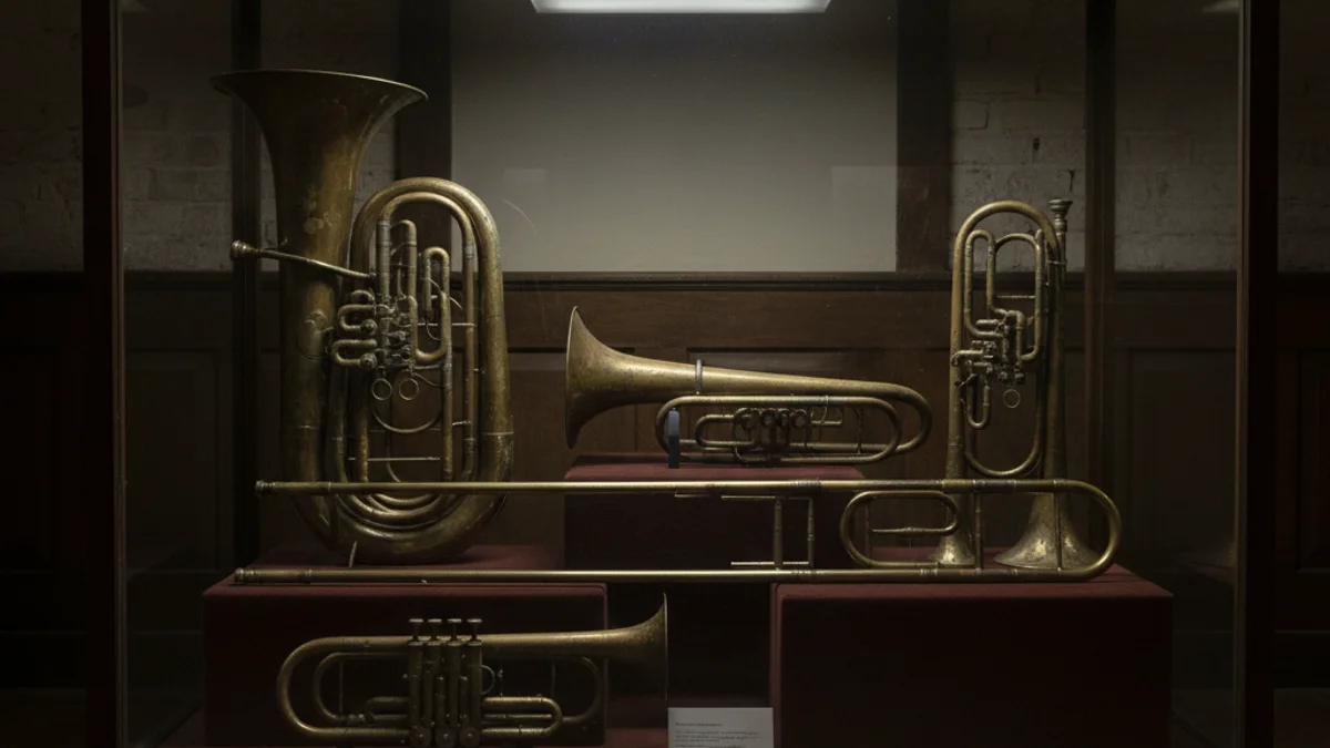 Vitrina amb instruments de vent antics i partitures en un museu de música històric.