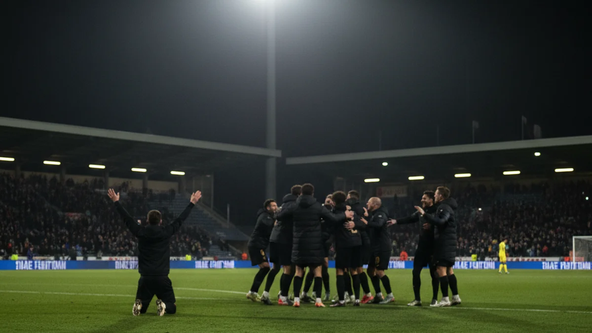 Imatge genèrica d'un partit de futbol amb jugadors celebrant una victòria en un camp esportiu.