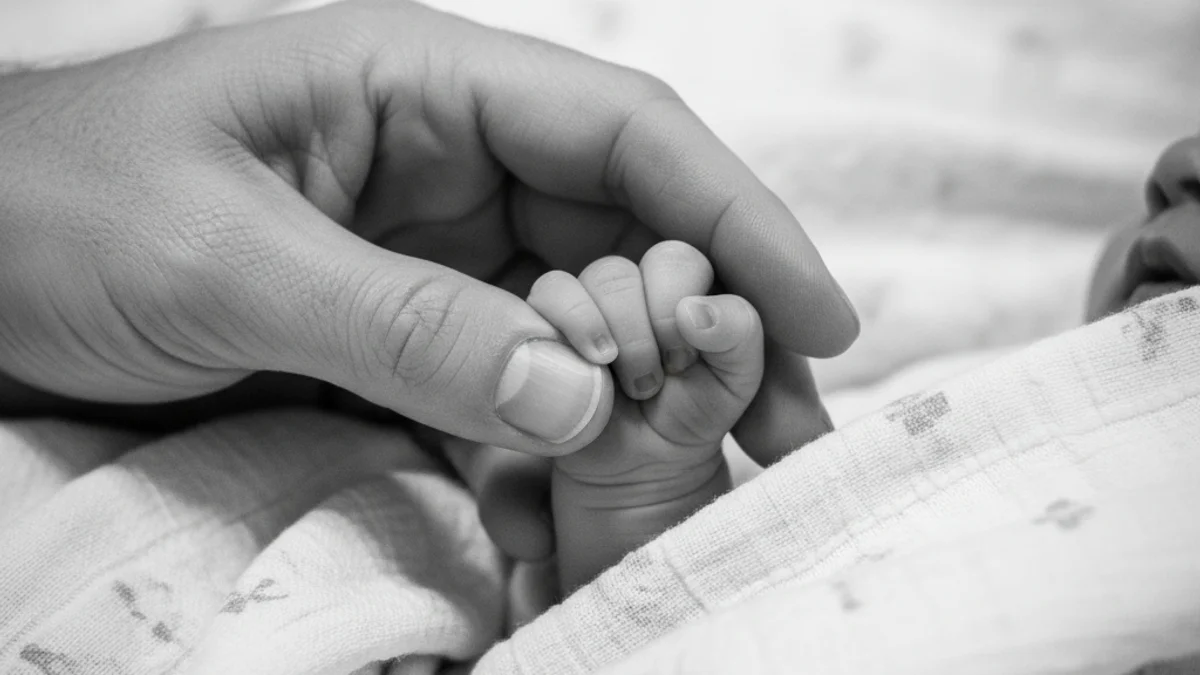 Una mà d'adult sostenint la mà d'un nadó en un entorn hospitalari, simbolitzant un naixement.