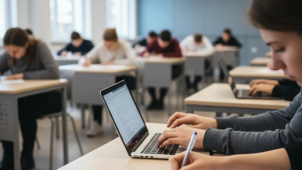 Imatge genèrica d'un estudiant fent un examen en línia o presencial en un centre educatiu.