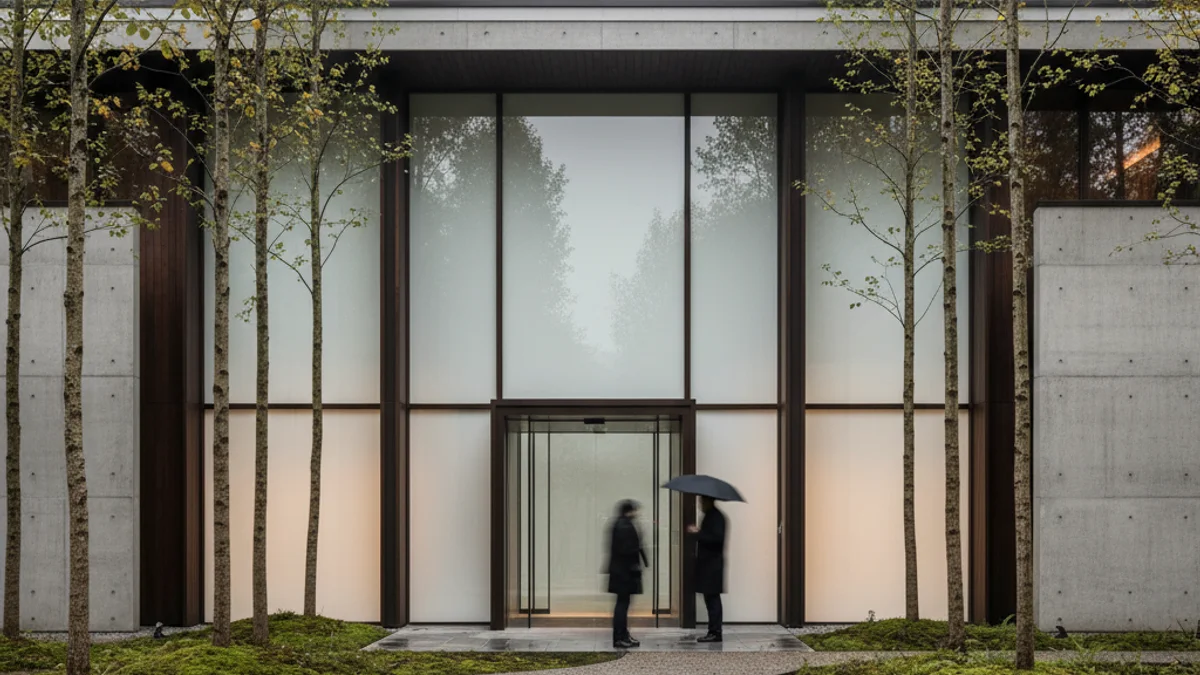 Imatge genèrica d'una façana moderna d'un tanatori amb zones enjardinades i aparcament.