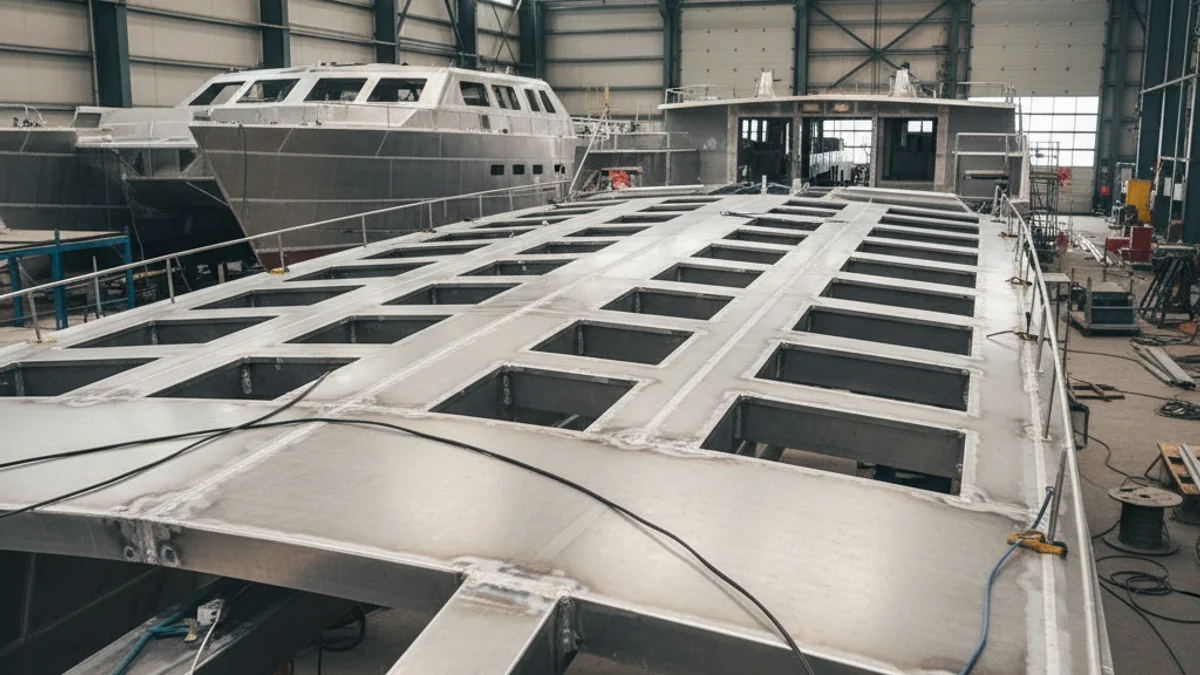 Imatge genèrica d'un catamarà modern en construcció en unes drassanes, sense persones visibles.