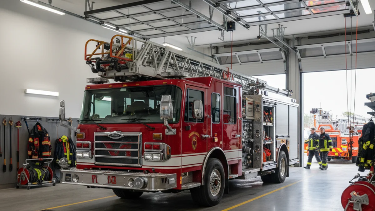 Imatge genèrica d'un parc de bombers, amb un vehicle d'emergències aparcat a l'interior o sortint.