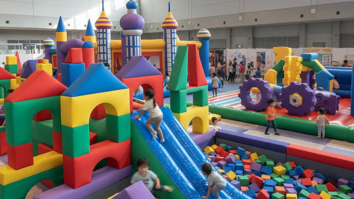 Imatge genèrica d'un parc d'oci familiar amb inflables i activitats per a nens, sense cares reconeixibles.