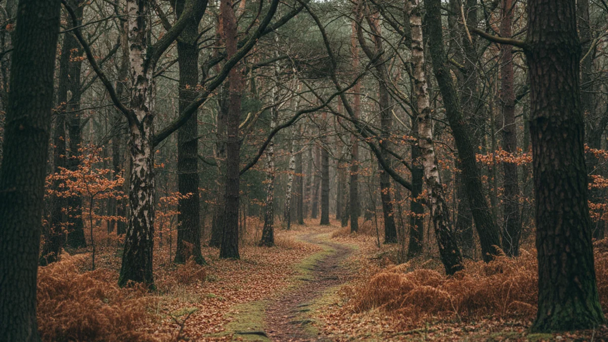 Vista d'un bosc de faigs o roures al Parc Natural del Montseny durant l'hivern, amb boira lleugera i vegetació frondosa.