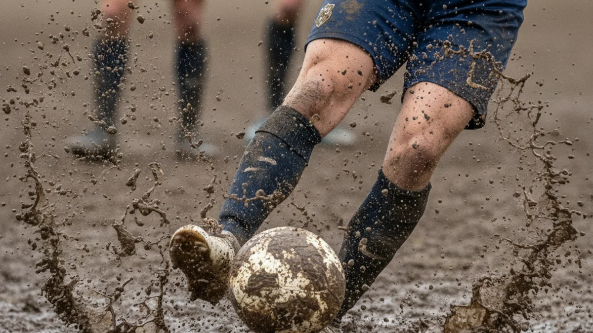 Imatge genèrica d'un partit de futbol de la Tercera RFEF en un camp mullat.