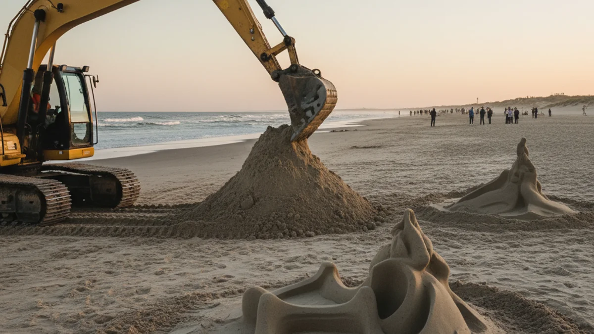 Imatge d'una excavadora desmantellant escultures de sorra a la platja de La Pineda, Vila-seca.
