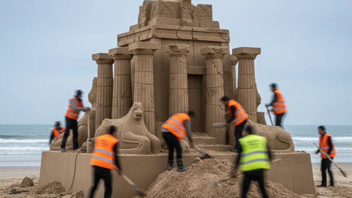 Escultura de sorra de grans dimensions a la platja, amb figures que representen l'escena del naixement.