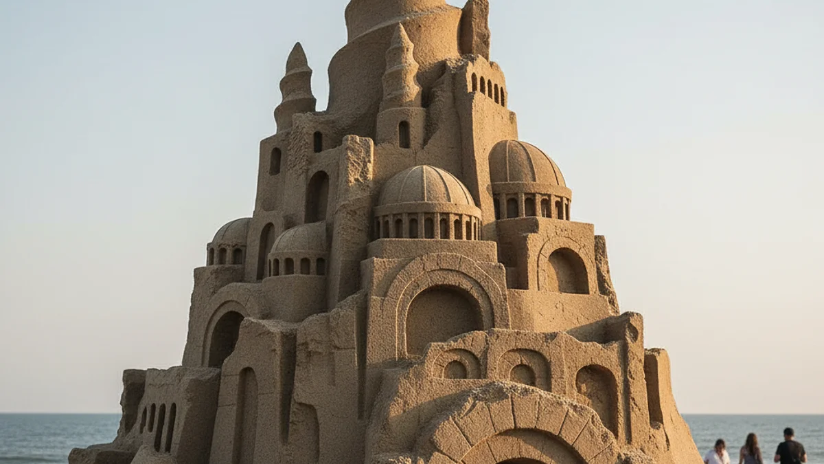 Vista d'una gran escultura de sorra a la platja, amb figures humanes borroses al fons.