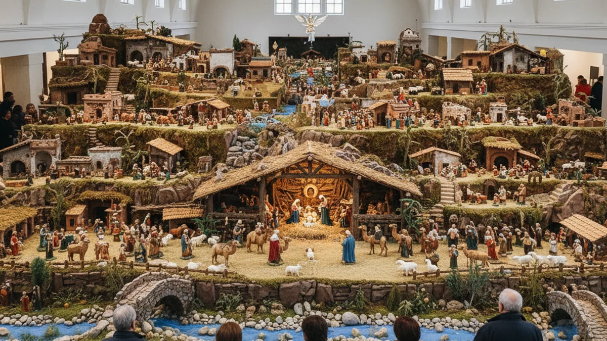 Representació artística d'una escena de pessebre tradicional amb figures i elements arquitectònics.
