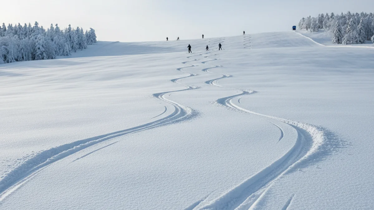 Vista panoràmica d'una pista d'esquí amb neu abundant i figures borroses d'esquiadors baixant.