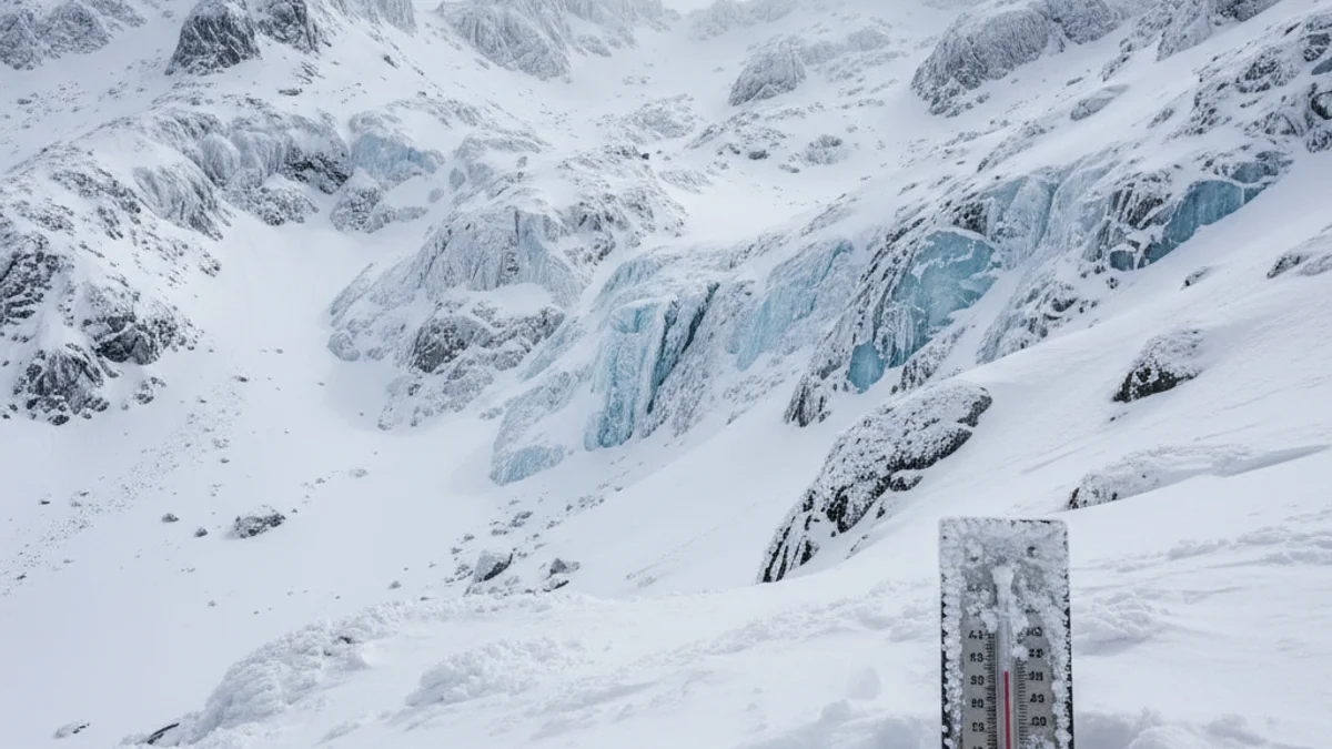 Vista d'un paisatge muntanyós cobert de neu i gel al Pirineu català durant una onada de fred extrema.