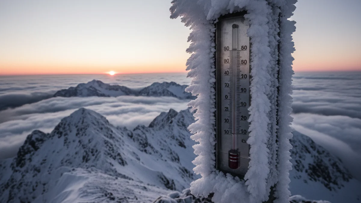Termòmetre d'una estació meteorològica cobert de gel en un cim nevat durant una onada de fred.