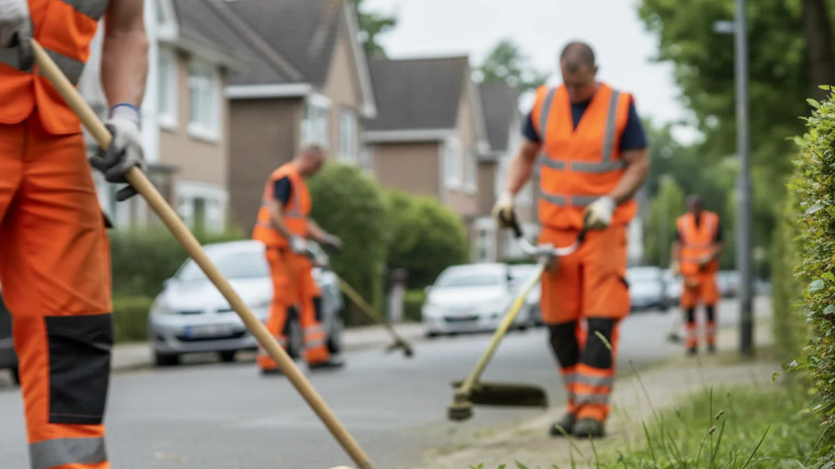 Treballadors municipals realitzant tasques de manteniment i neteja en un espai públic d'un barri.