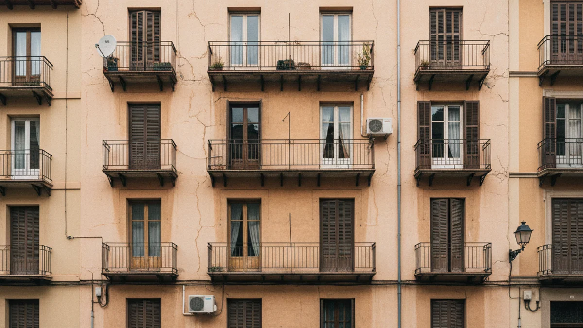 Vista genèrica d'un barri residencial amb edificis antics que necessiten rehabilitació urbana.