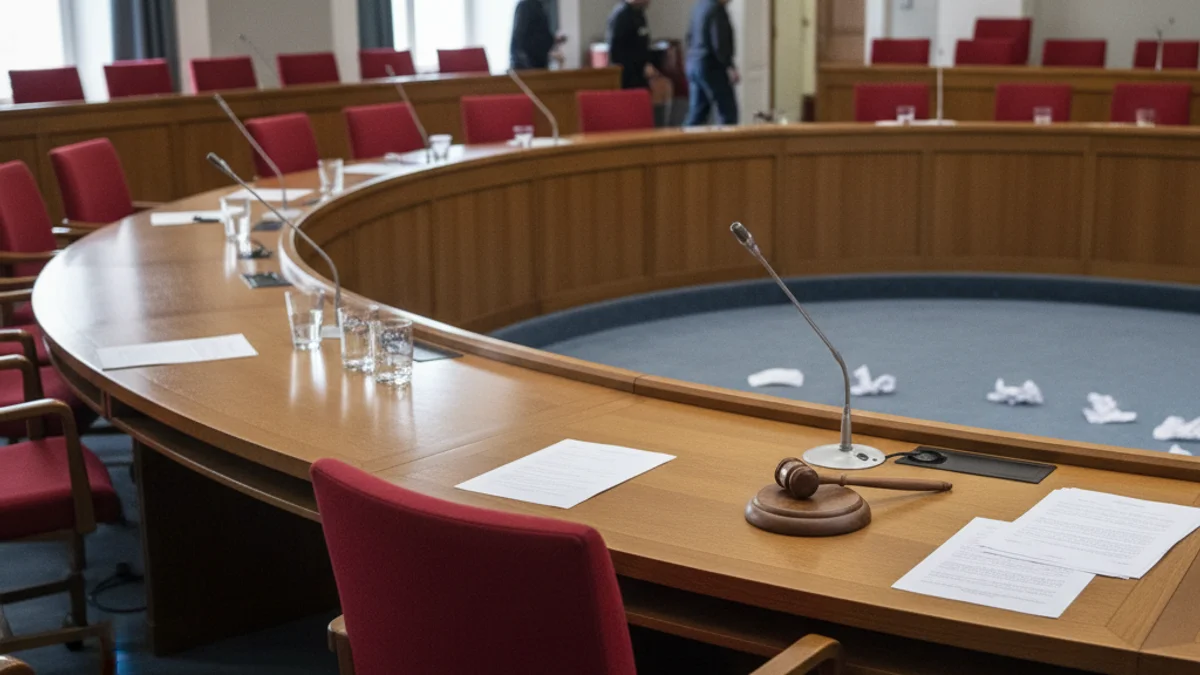 Una sala de plens municipal amb cadires buides i un micròfon en un faristol, simbolitzant el debat polític local.