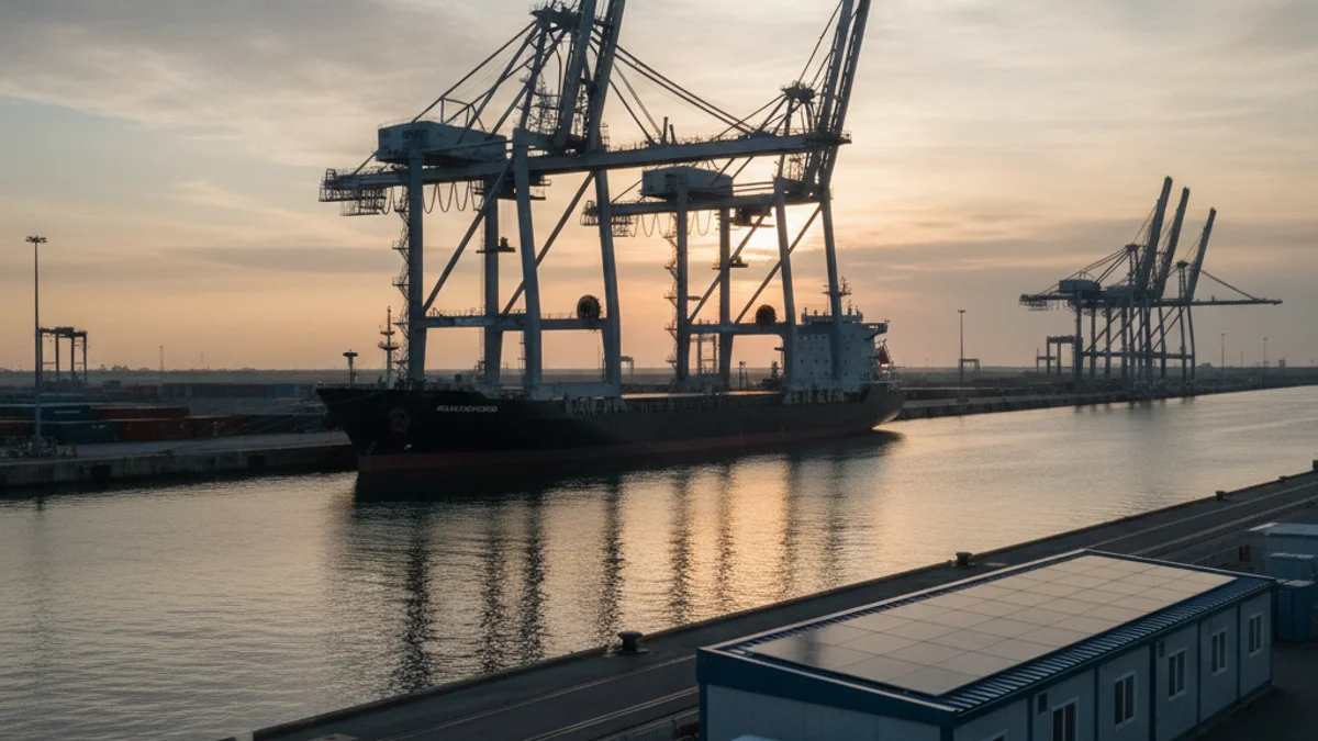 Vaixell de càrrega o creuer amarrat al port amb infraestructures industrials al fons, simbolitzant la transició energètica.