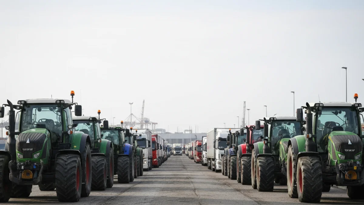 Vista d'un accés portuari bloquejat per tractors durant una protesta agrícola, amb camions aturats.