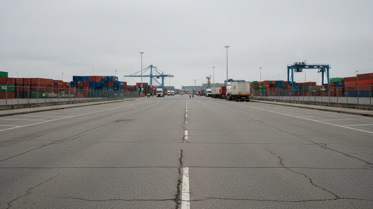 Vista d'una carretera d'accés buida a una terminal portuària, simbolitzant la interrupció logística.