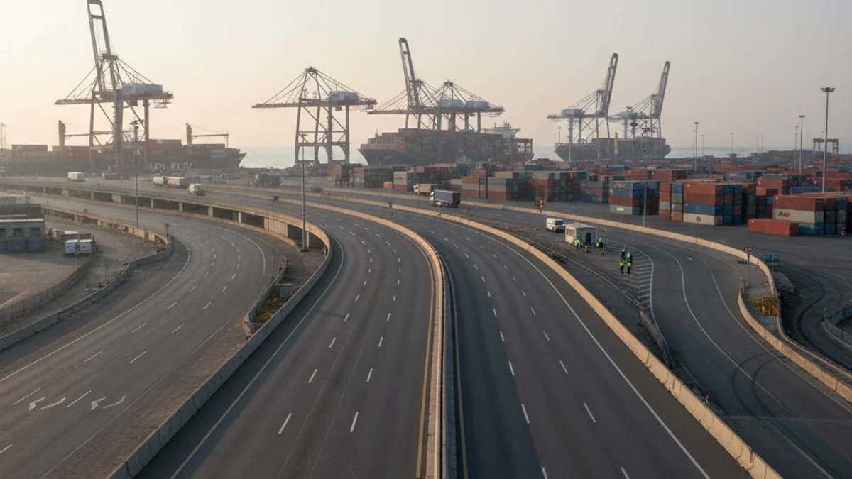 Imatge genèrica d'una carretera d'accés a un port industrial amb poc trànsit de camions a causa d'un bloqueig.