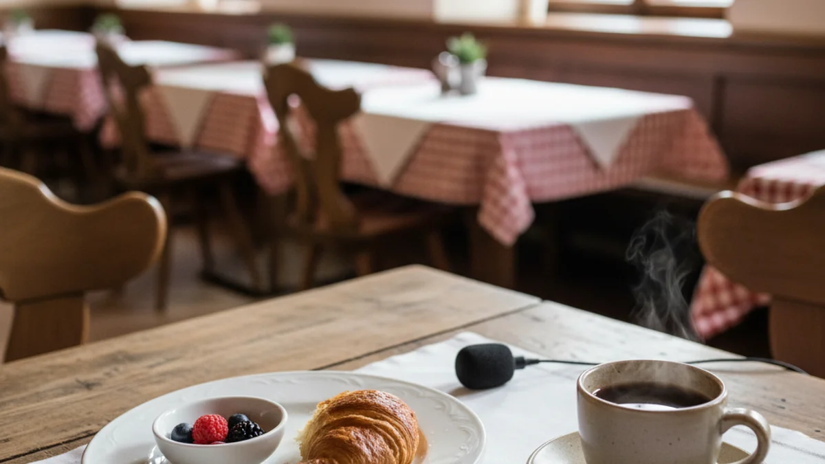 Imatge genèrica d'una taula de restaurant amb un esmorzar tradicional i un micròfon discret.