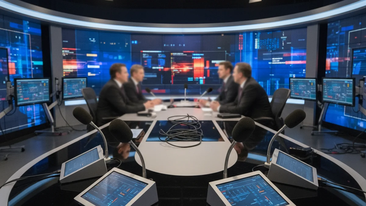 Una taula de debat esportiu amb micròfons i pantalles de fons, amb figures borroses d'analistes.