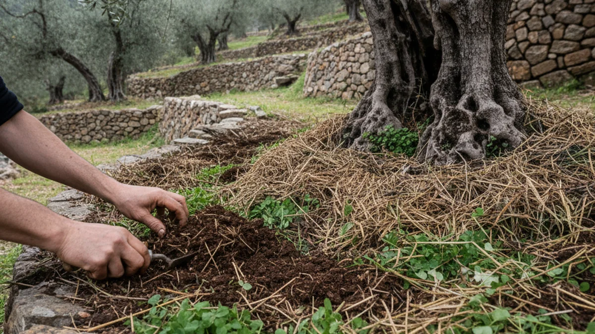 Imatge genèrica d'un oliverar tradicional amb focus en la terra i les pràctiques d'agricultura regenerativa.