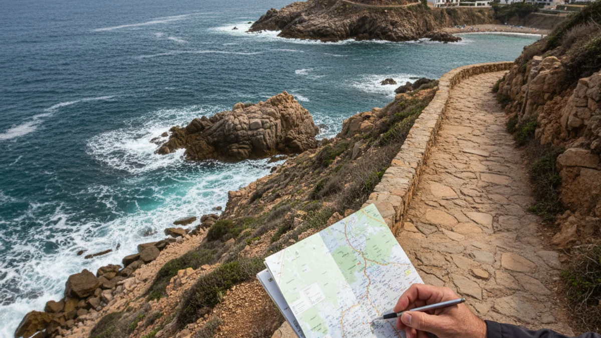Voluntaris inspeccionant un tram del Camí de Ronda a la Costa Brava, amb vistes al mar.