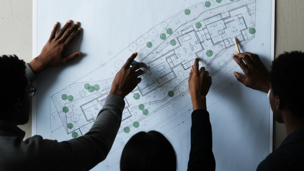 Reunió de persones interessades en un projecte d'habitatge cooperatiu examinant plànols.