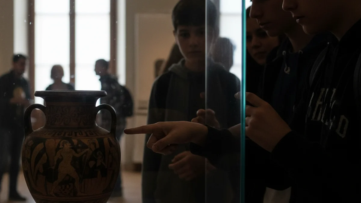 Estudiants observant una peça d'exposició en un museu, amb figures borroses en un entorn d'aprenentatge.