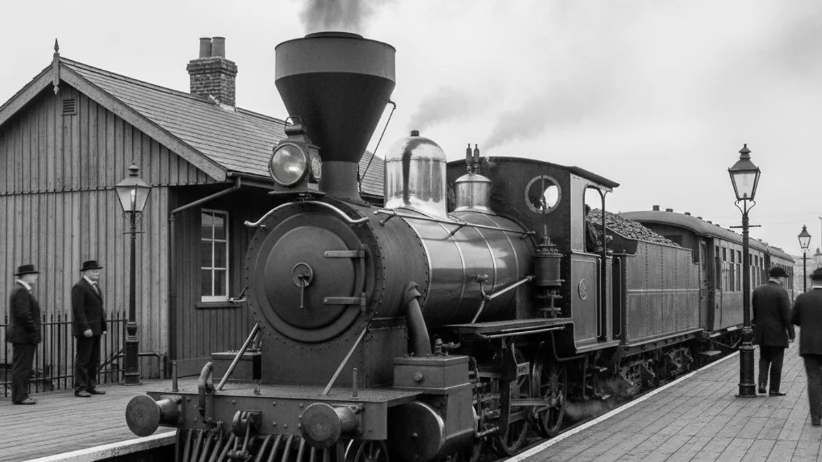 Representació d'una locomotora de vapor del segle XIX arribant a una estació amb figures borroses.
