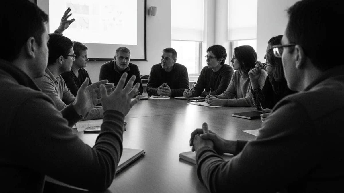 Grup de persones assistint a un cinefòrum o taula rodona sobre polítiques socials en una sala de Manresa.