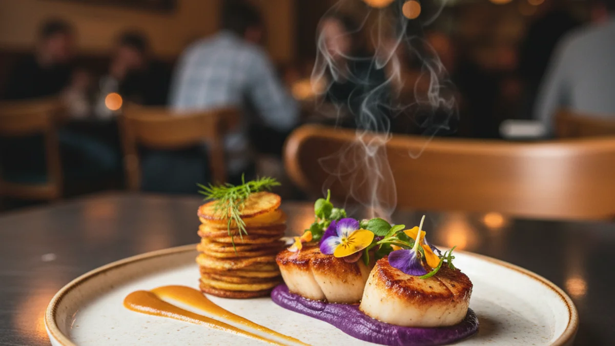 Imatge d'un plat de cuina creativa i moderna servit en un restaurant, amb atenció a la presentació.