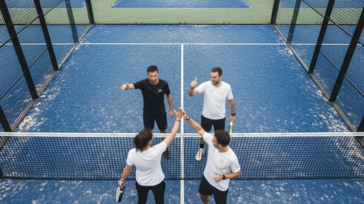 Imatge genèrica d'una pista de pàdel amb jugadors celebrant una victòria en un torneig per equips.