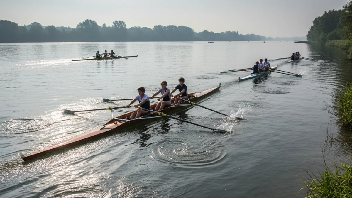 Joves atletes remant en skiffs i doble skull durant una competició al riu Ebre.
