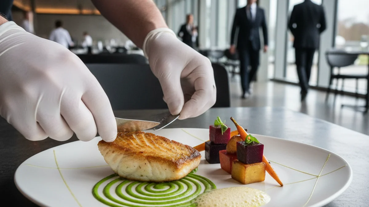 Plat d'alta cuina inspirat en elements naturals i modernistes, amb colors vius i textures variades.